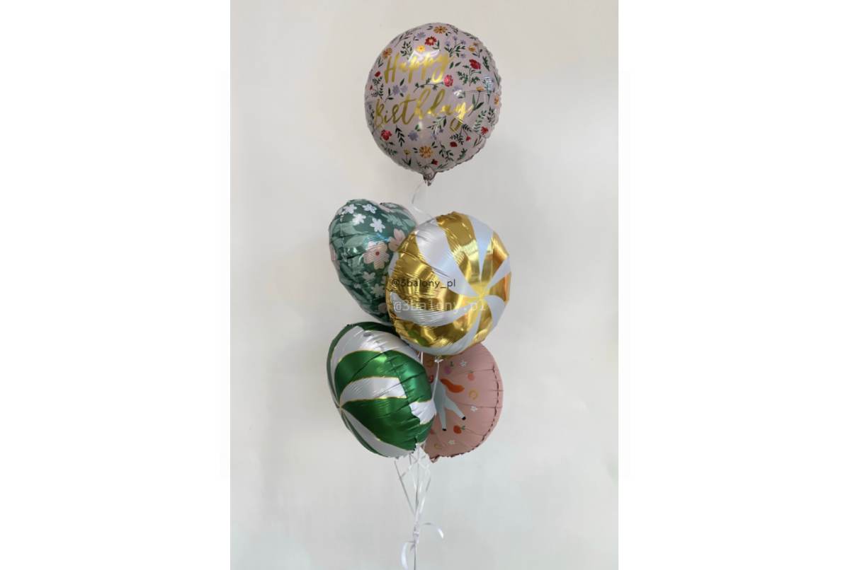 Efektowny bukiet pięciu balonów z unikalnymi wzorami