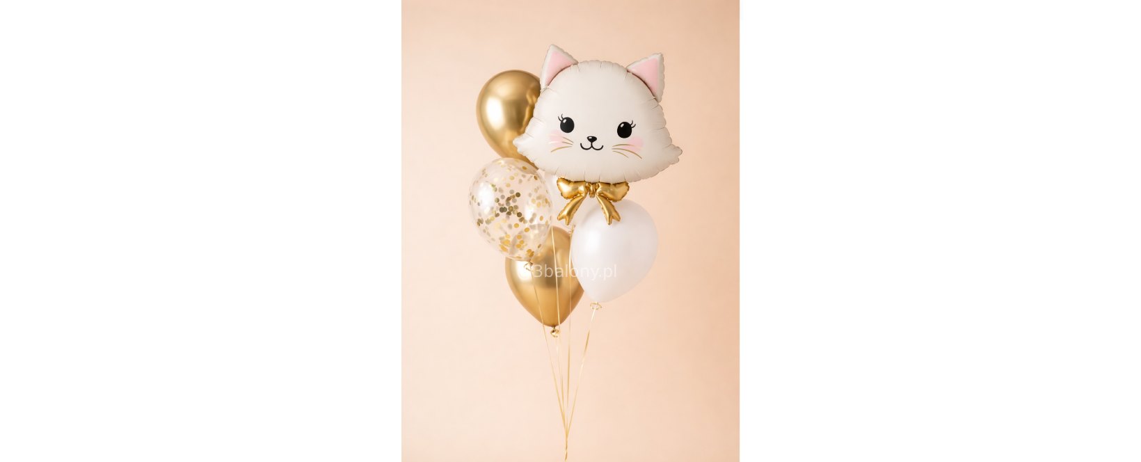 Balony na urodziny z kotkiem – elegancki zestaw złoty i konfetti