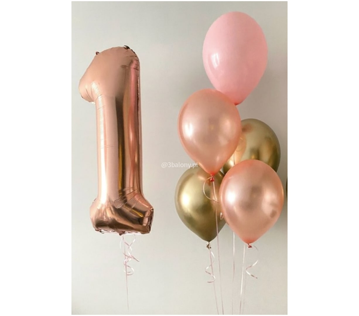 Balony 1 w kolorze różowe złoto w zestawie z gumowymi