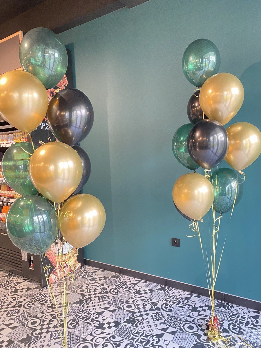 Bukiety balonowe z helem w zielonym, czarnym i złotym kolorze