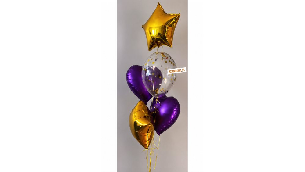 Fioletowe i złote balony w bukiecie