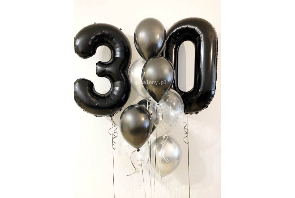 Czarne i srebrne balony na 30 urodziny
