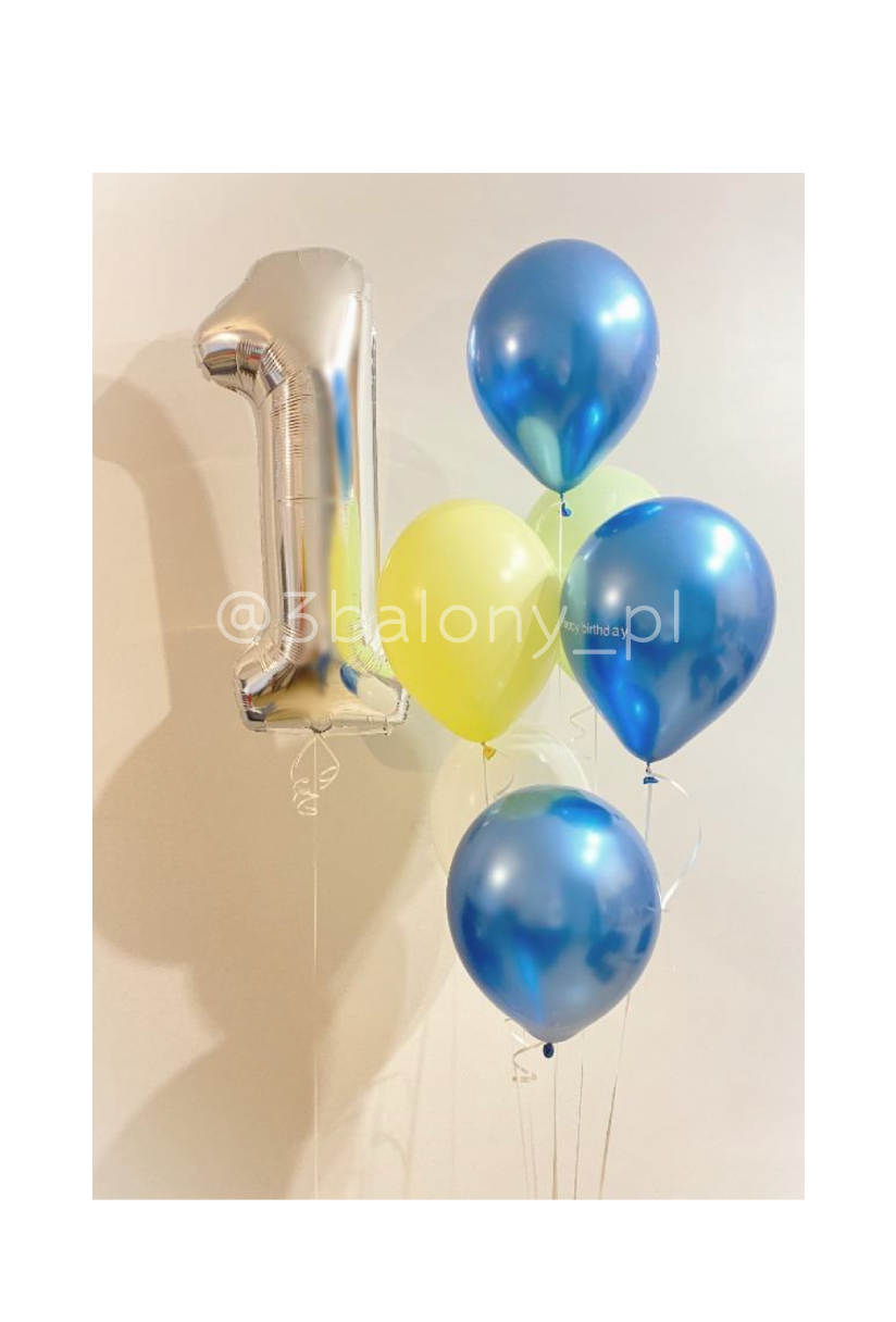 Balon w kolorze srebrnym cyfra „1” z balonami lateksowymi