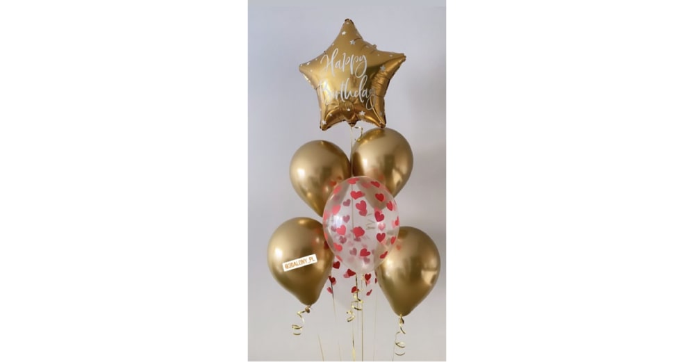 Balon złota gwiazdka happy birthday w bukiecie