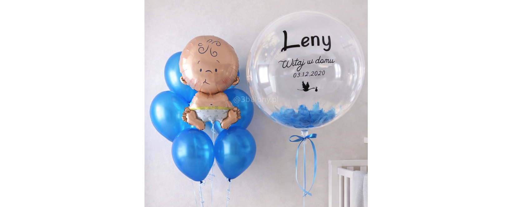 Miły bukiet balonowy na powitanie chłopczyka z tekstem witaj w domu