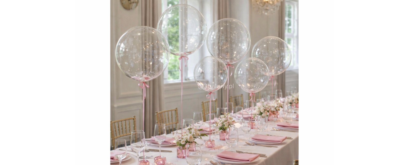 Dekoracje stołu z przezroczystymi balonami i różowymi konfetti