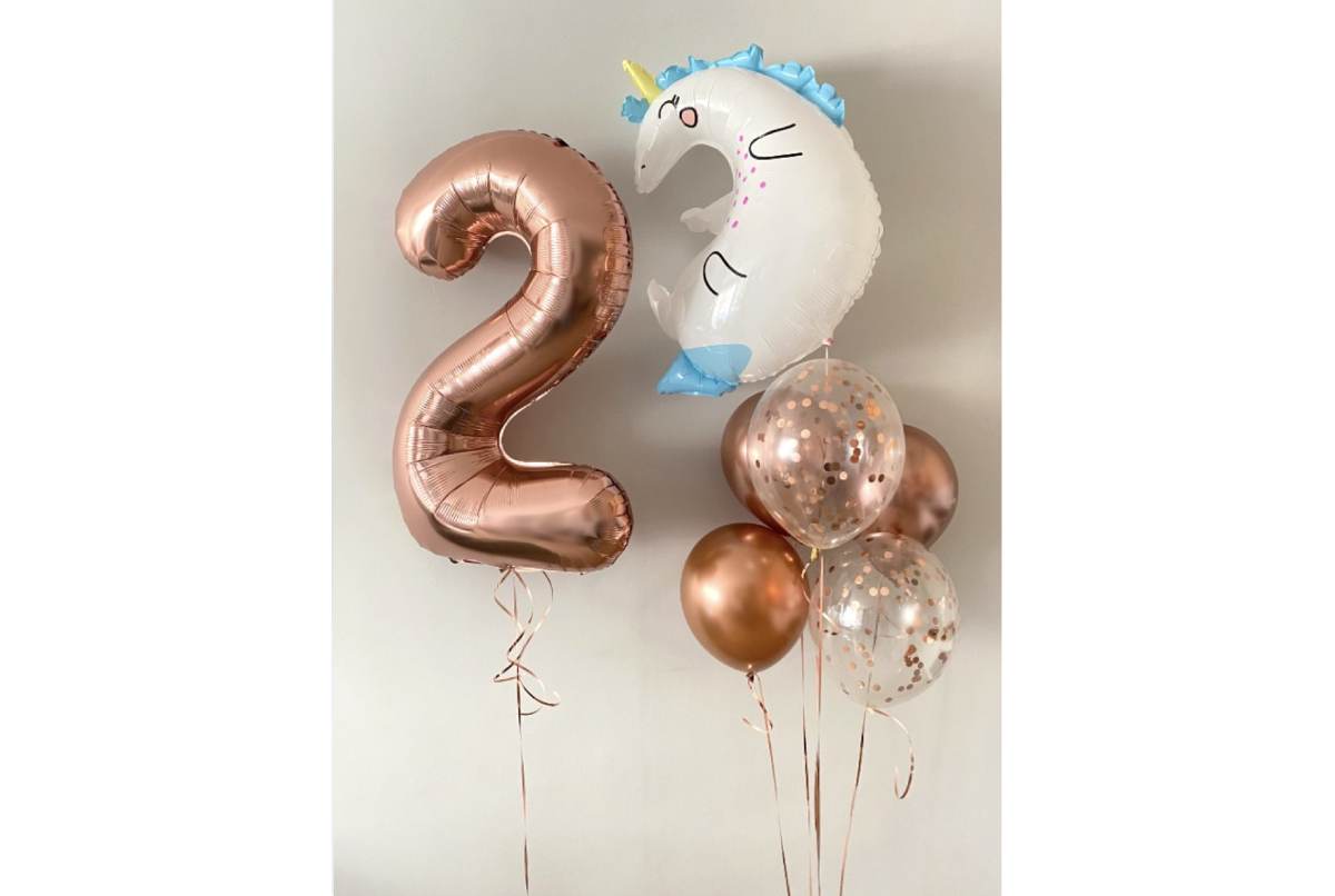Zestaw balonów na urodziny w kolorze gold rose z jednorożcem