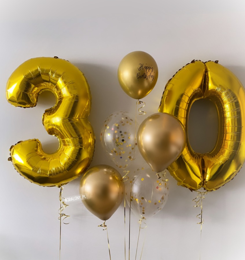 Balony 30 w złotym kolorze z balonami lateksowymi