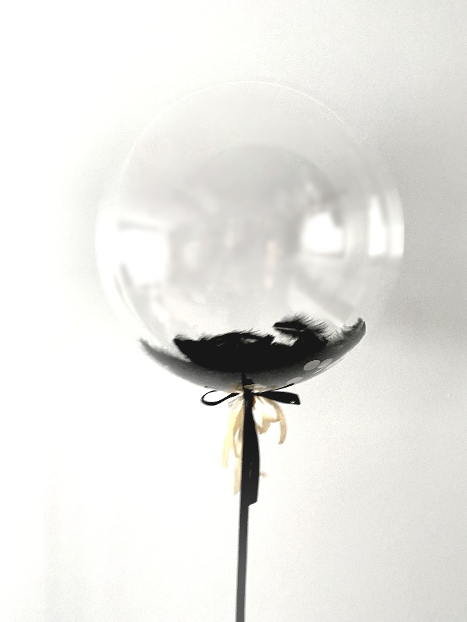 Balon Bubble wypełniony czarnymi piórkami oraz złotym konfetti