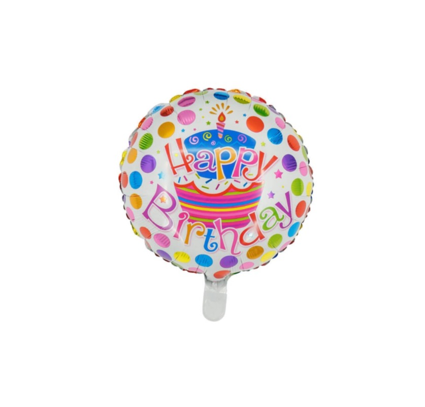 Okrągły balon foliowy z napisem happy birthday w groszki