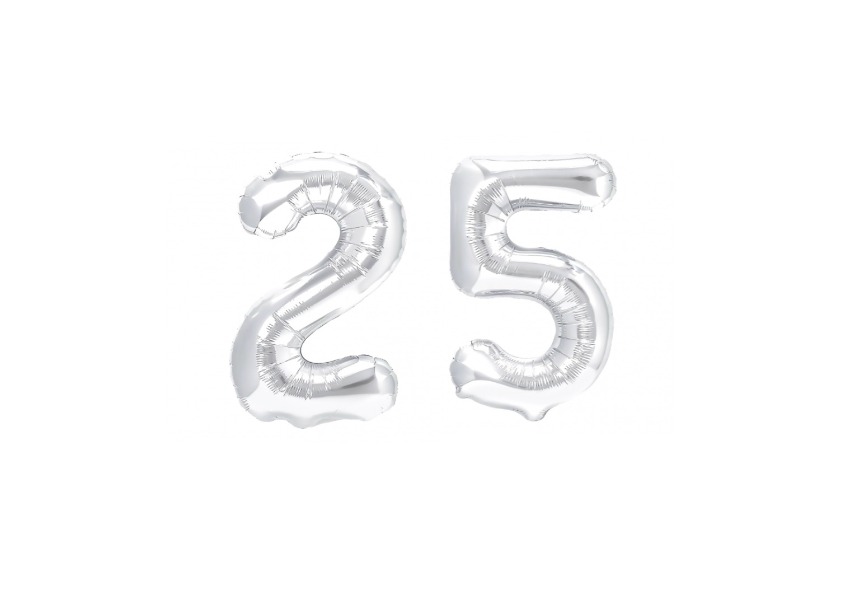 Balony cyfry 25 w srebrnym kolorze z helem