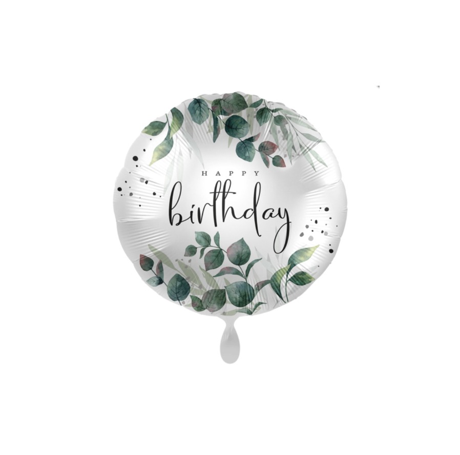 Okrągły balon z zielonymi listami oraz napisem happy birthday