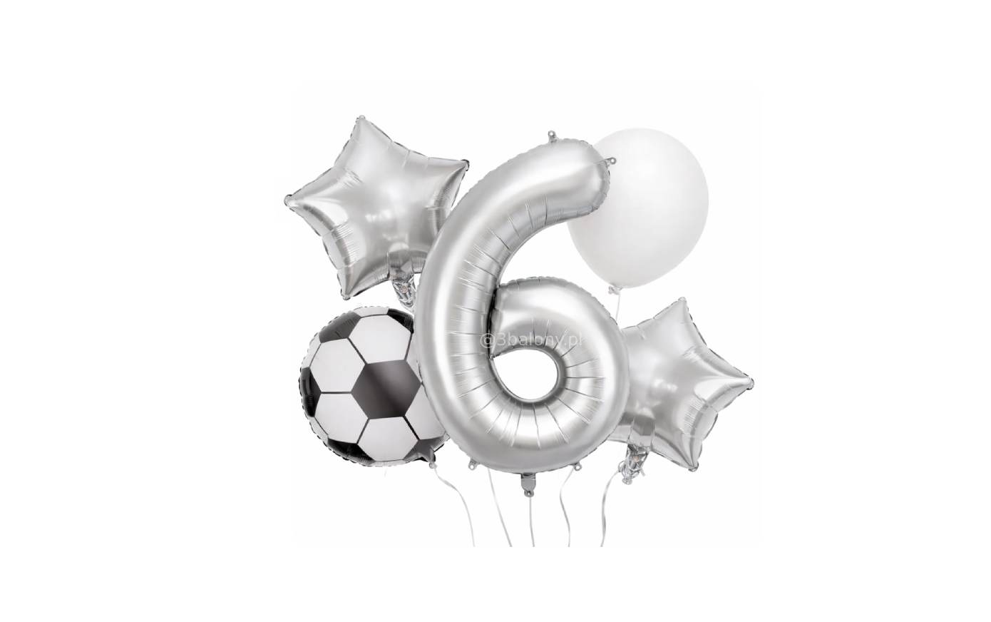 Bukiet balonów na 6 urodziny – piłka nożna, cyfra 6, białe i srebrne