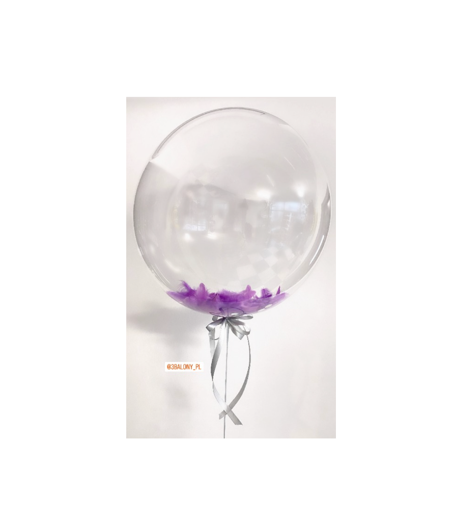 Balon Bubble z fioletowymi piórkami + konfetti srebrne