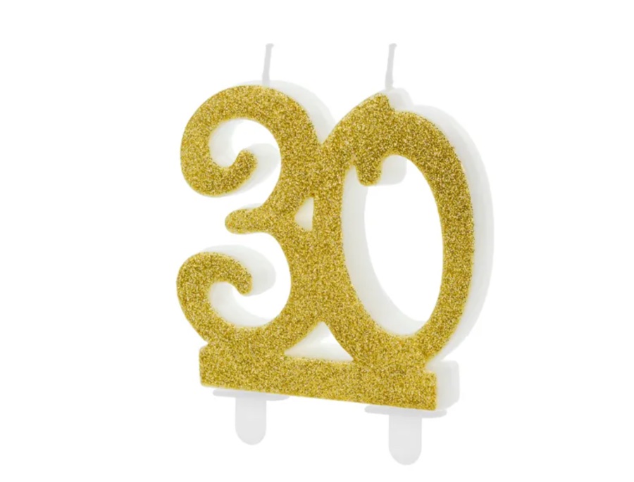 Świeczka urodzinowa liczba 30 w kolorze złotym brokatowym