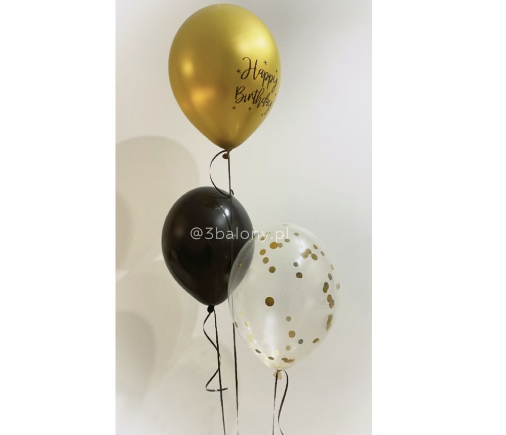 Balon z napisem „Happy birthday”, balon czarny oraz z konfetti