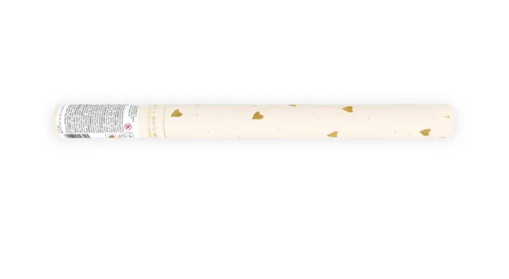 Tuba manualna z konfetti bibułowym w kształcie serc w kolorze białym i złotym, długość ok. 35 cm.