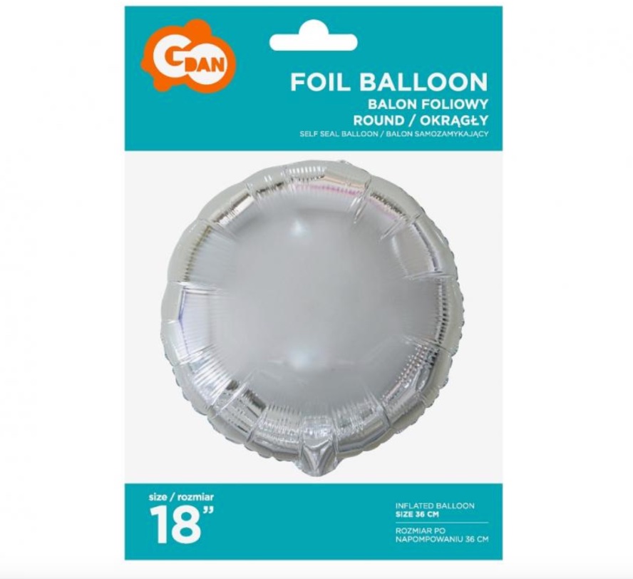 Srebrny balon foliowy kula 18 cali z helem