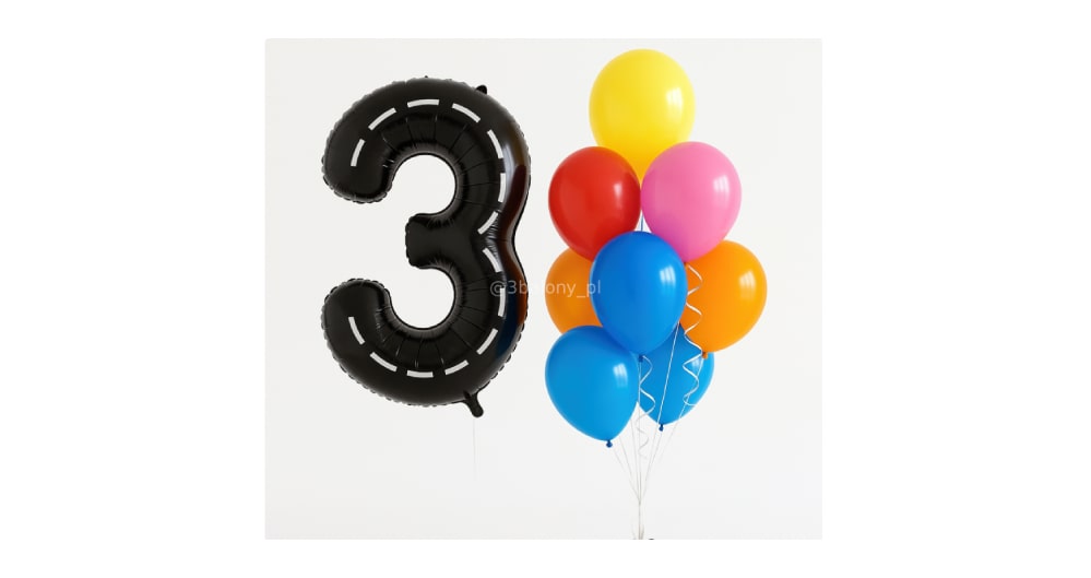 Balon cyfra 3 czarna z białymi paskami + kolorowe balony