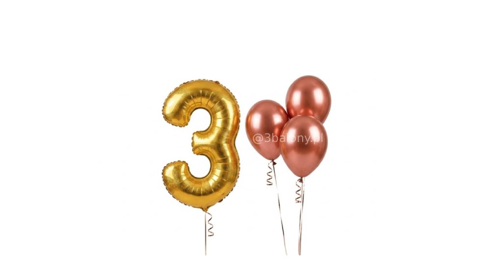 Trzy balony lateksowe ze złotą cyfrą „3”