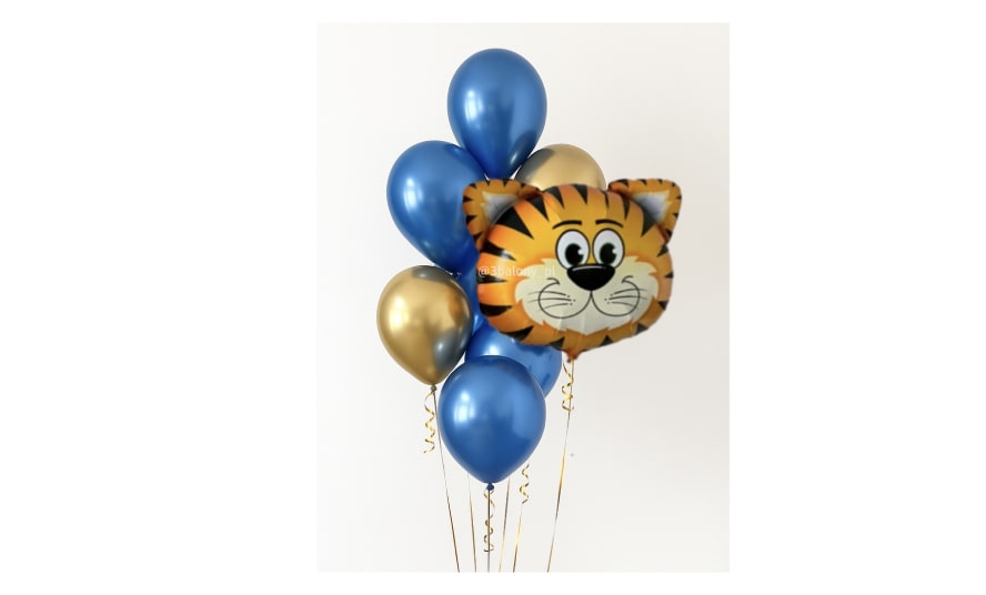 Balony z Tygryskiem – Dekoracja urodzinowa dla dzieci w kolorach niebieskim i złotym