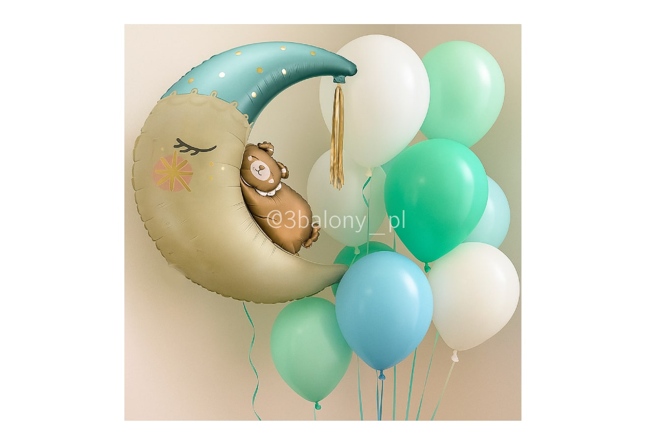 Balony z helem z misiem na księżycu – gotowy zestaw dekoracyjny dla dziecka