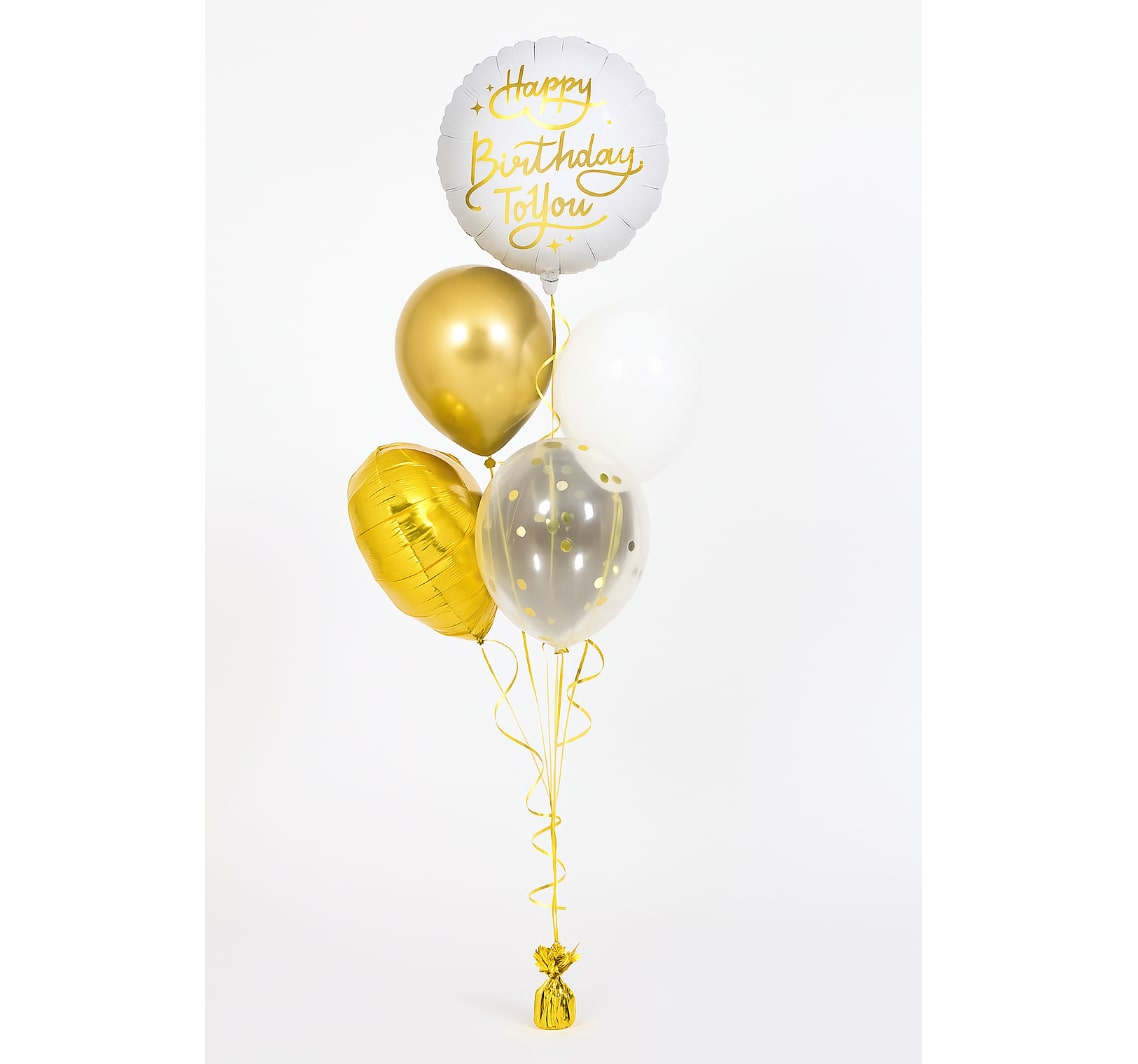 Bukiet sześciu balonów w złoto-białej kolorystyce, z napisem „Happy Birthday To You”