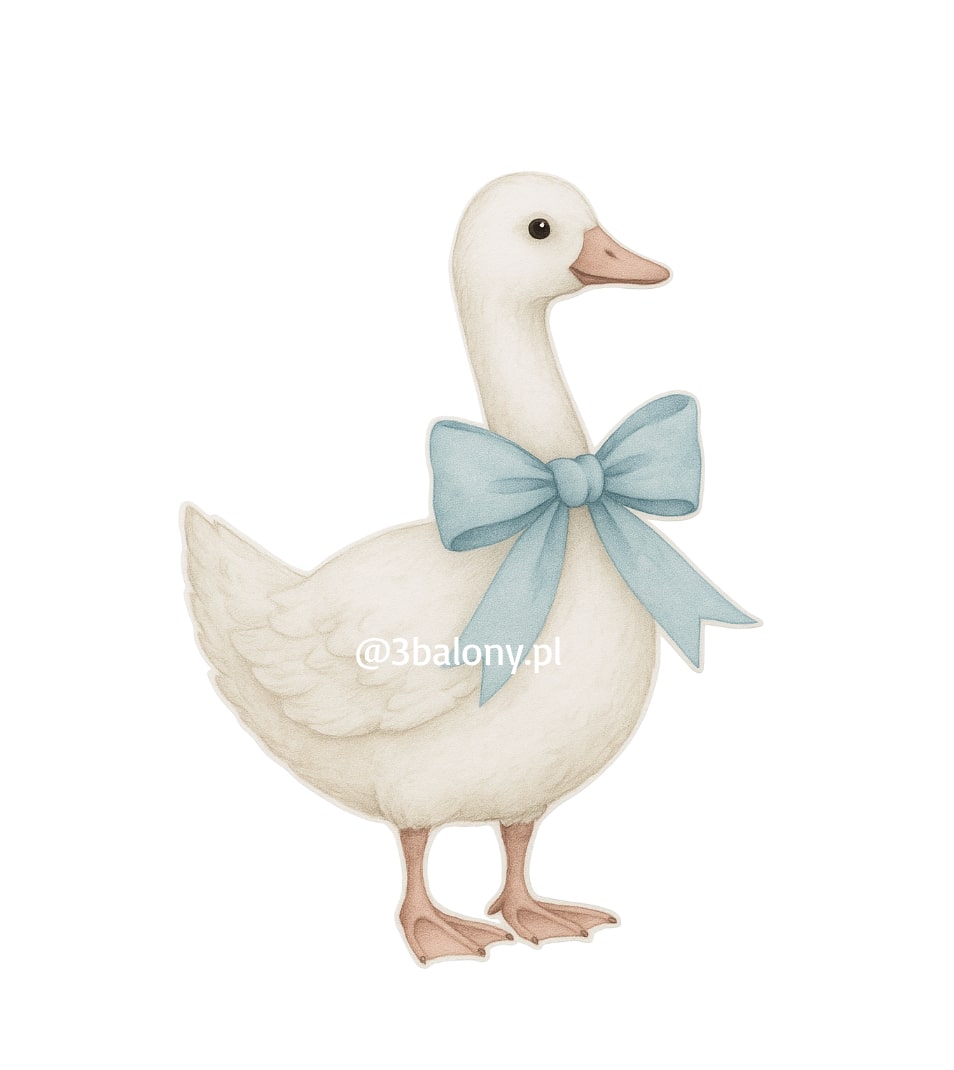 Urocza dekoracja gąska z niebieską kokardą – ozdoba wycinana po obrysie