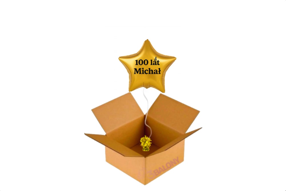 Balon złota gwiazdka z napisem 100 lat Michał w pudełku