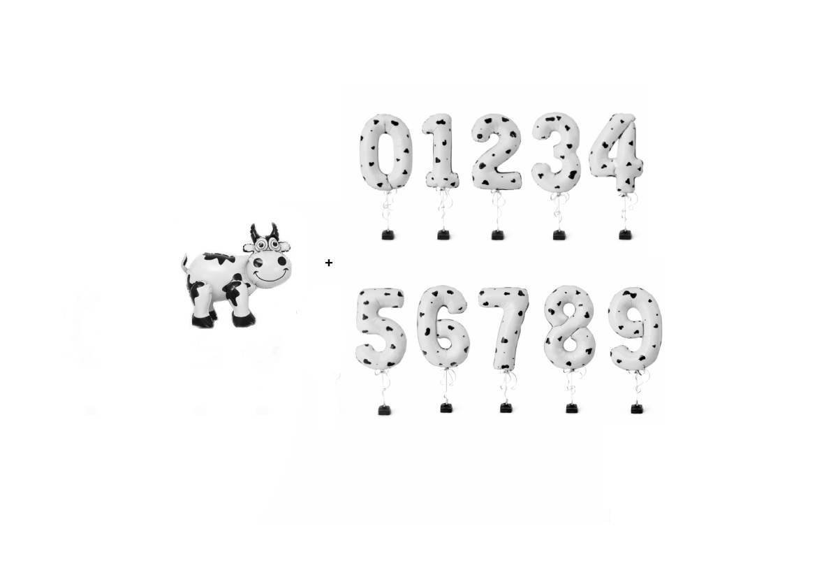 Balony foliowe KROWA + cyfry 0–9 | Motyw farma