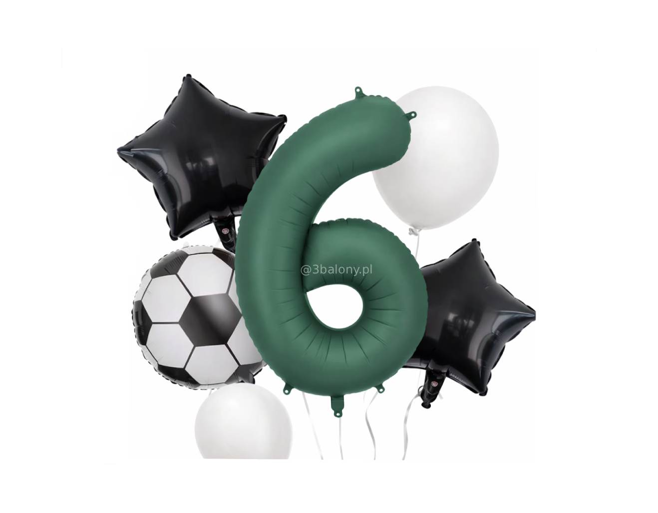 Bukiet balonów na 6 urodziny – piłka nożna, zielona cyfra 6, biały i czarny