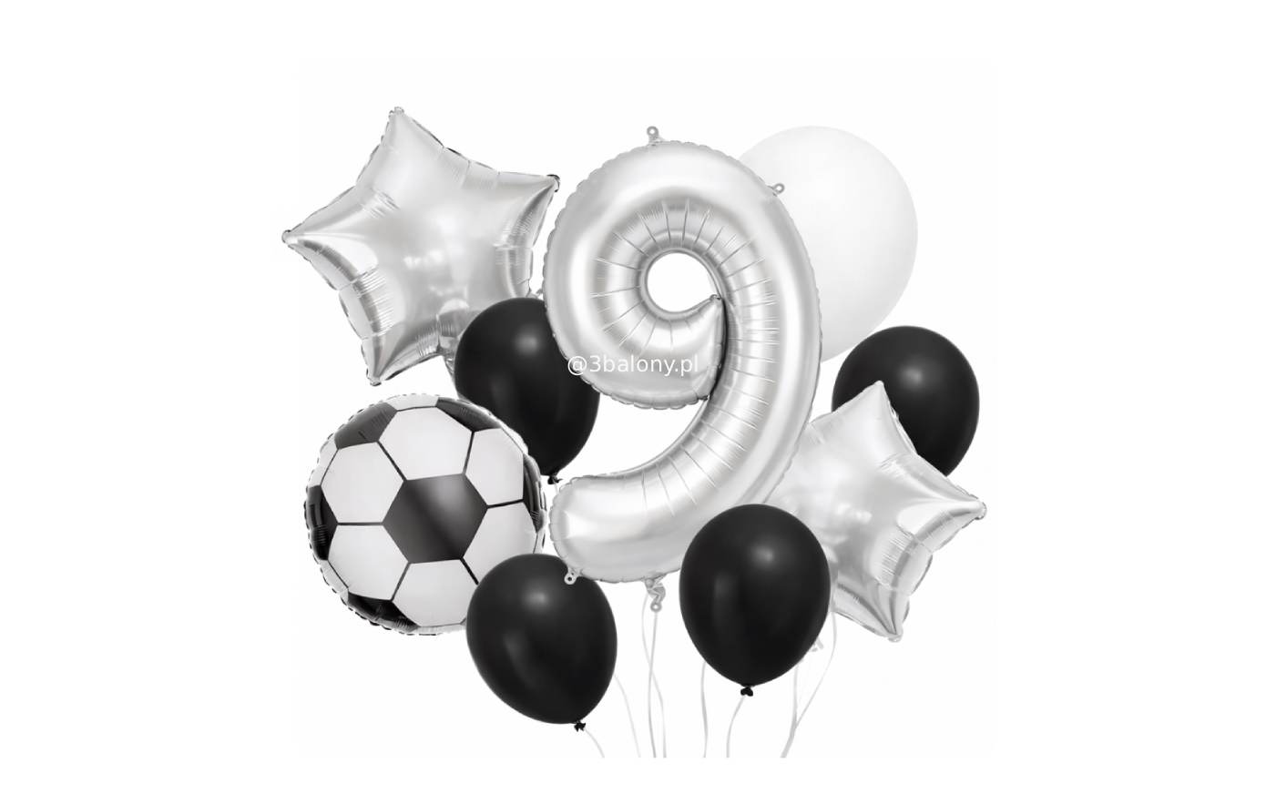 Balonowy bukiet urodzinowy cyfra 9 – motyw piłkarski, srebro i czerń